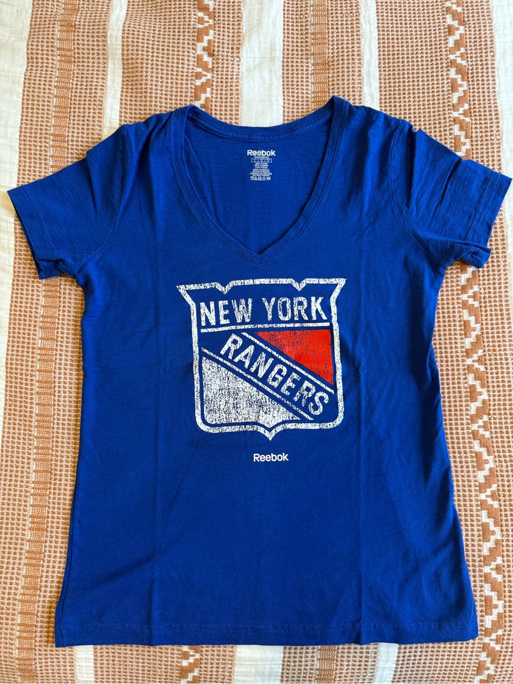 Reebok Royal Blue New York Rangers V‑Neck Tee with Red & White Logo